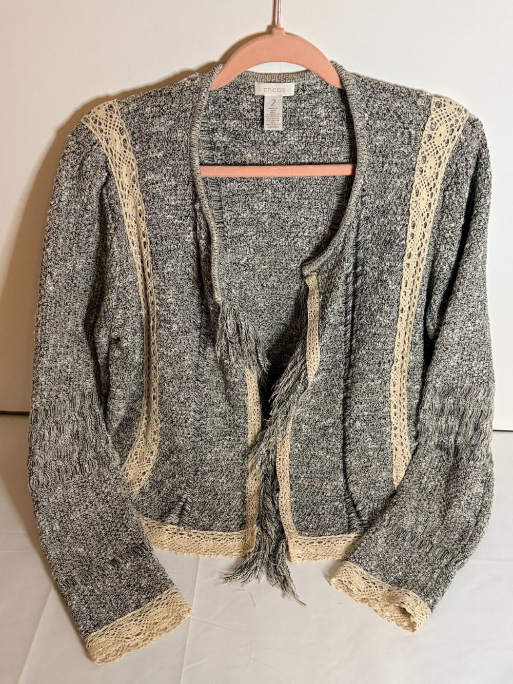 Chico's Woman Open Front Cardigan Tweed/Cream Crochet Lace Fringe Size M
